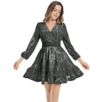 Woman in a dark green long ruffle sleeve elastic waist dress with white floral print, IVORYNN fashion