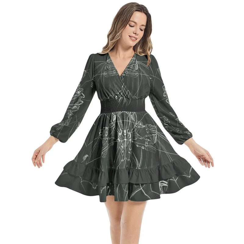 Woman in a dark green long ruffle sleeve elastic waist dress with white floral print, IVORYNN fashion