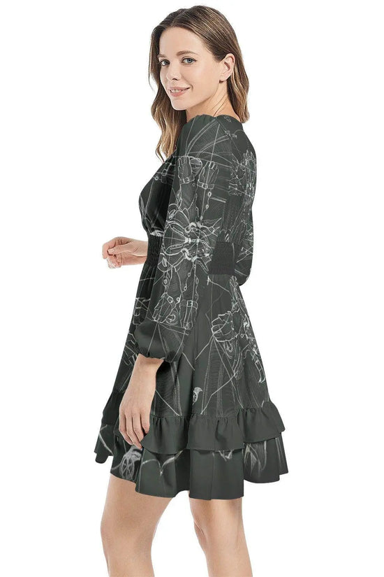 Long Ruffle Sleeve Elastic Waist Dress - Dark Green - IVORYNN