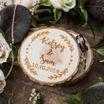 Personalized wooden ring box with engraved names, date, wedding rings, and flowers, Ivorynn
