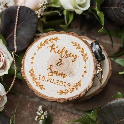 Personalized wooden ring box with engraved names, date, wedding rings, and flowers, Ivorynn