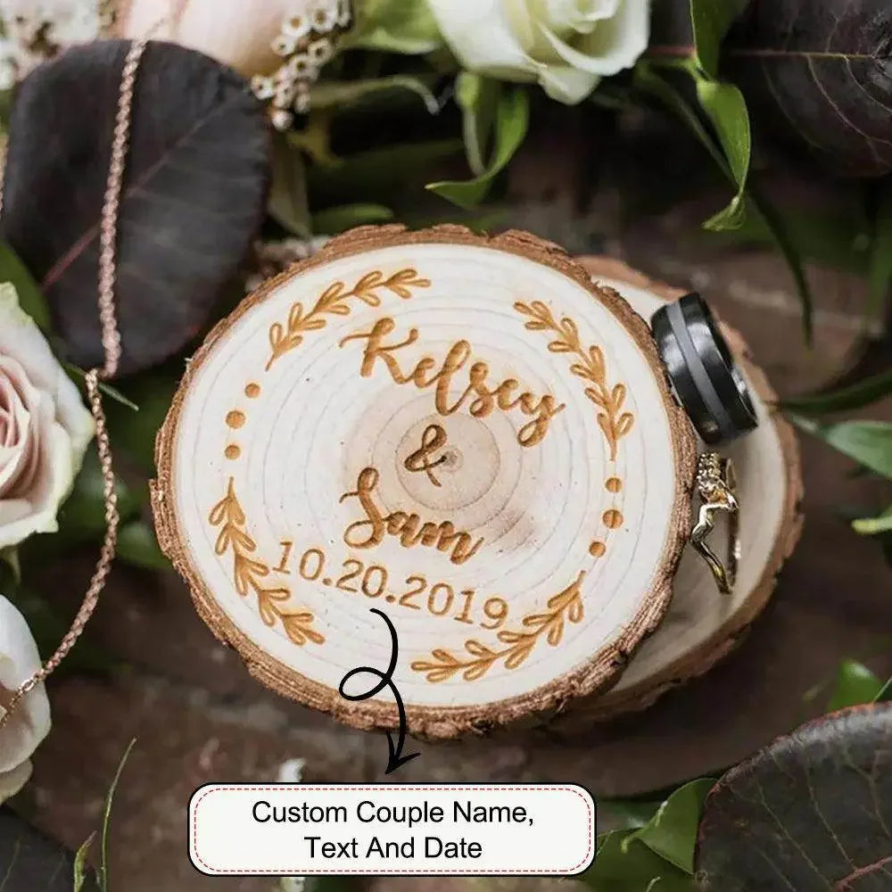 Personalized wooden ring box with engraved couple names and date, floral background, Ivorynn