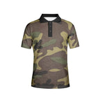 Men’s camo army polo shirt with black collar, short sleeves, stylish casual apparel from Ivorynn