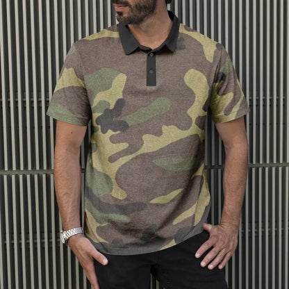 Men’s camouflage army polo shirt with black collar, stylish men's fashion at Ivorynn