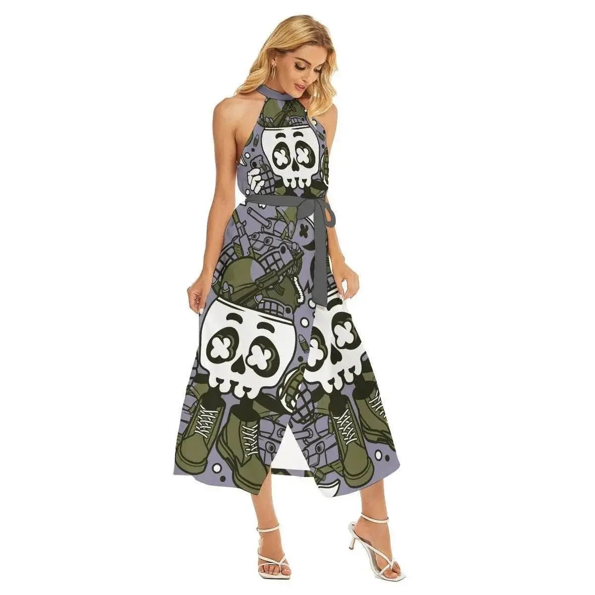 Olive Luxury Wrap Hem Belted Halter Dress - IVORYNN