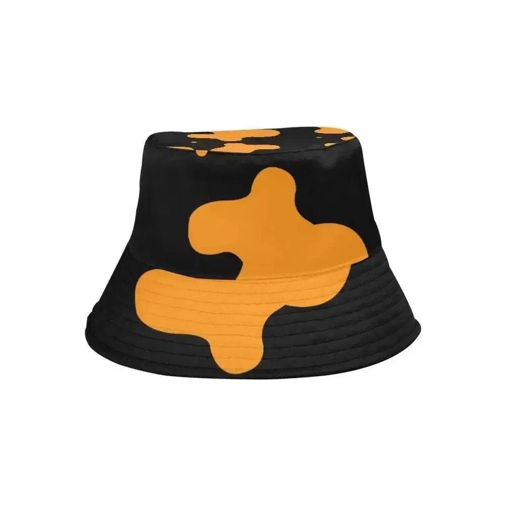 Black bucket hat with bold orange abstract patterns, stylish women’s fashion at Ivorynn
