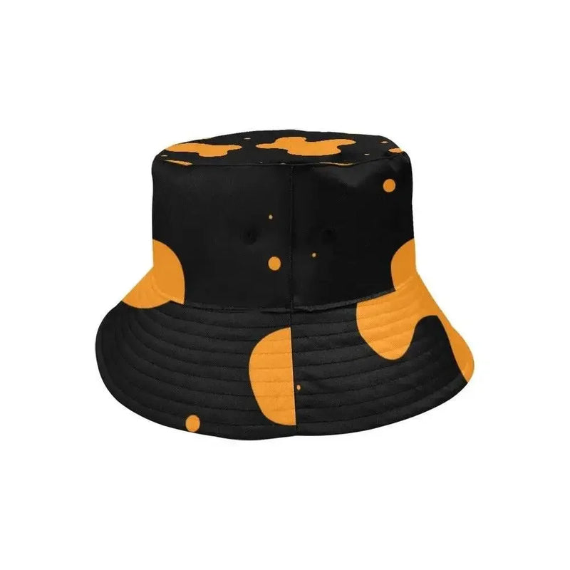 Black and orange women's bucket hat with abstract pattern, modern fashion accessory from Ivorynn