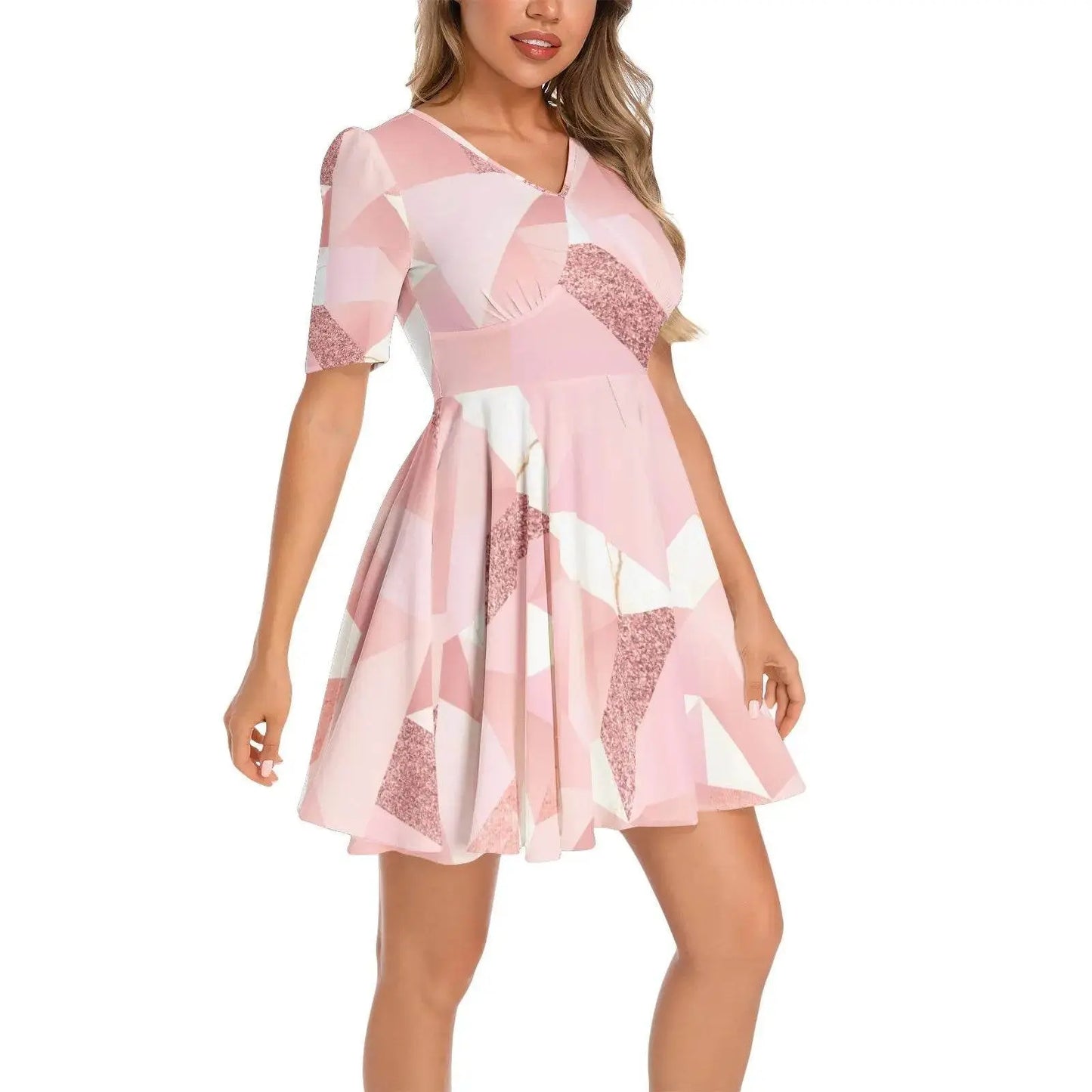 Short Sleeve Ruched Bust Flared Hem Dress - IVORYNN