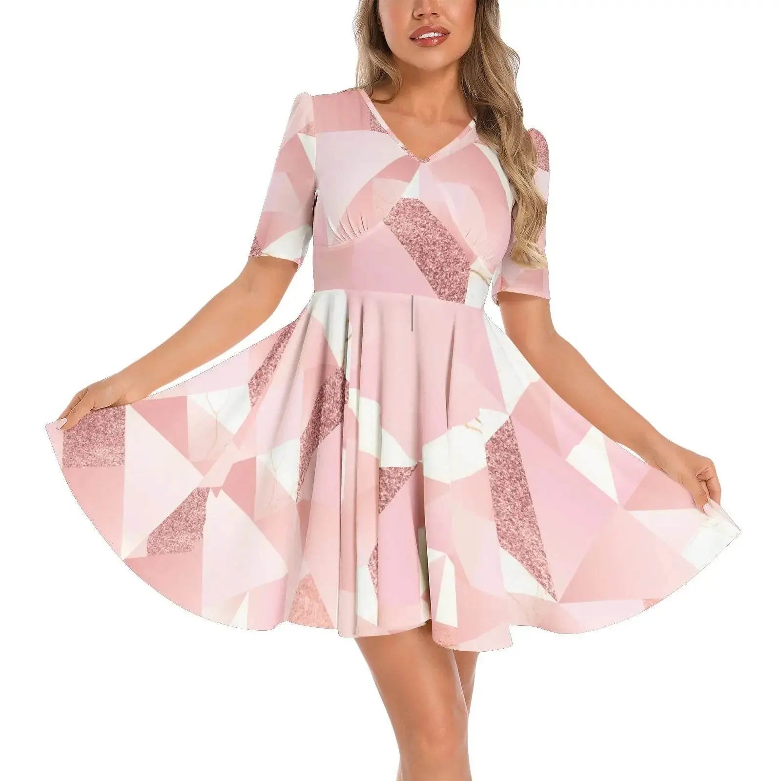 Short Sleeve Ruched Bust Flared Hem Dress - IVORYNN