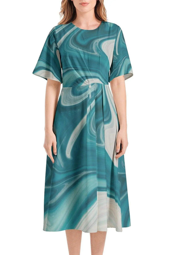 Short Sleeve Waist Folding Midi Dress - IVORYNN