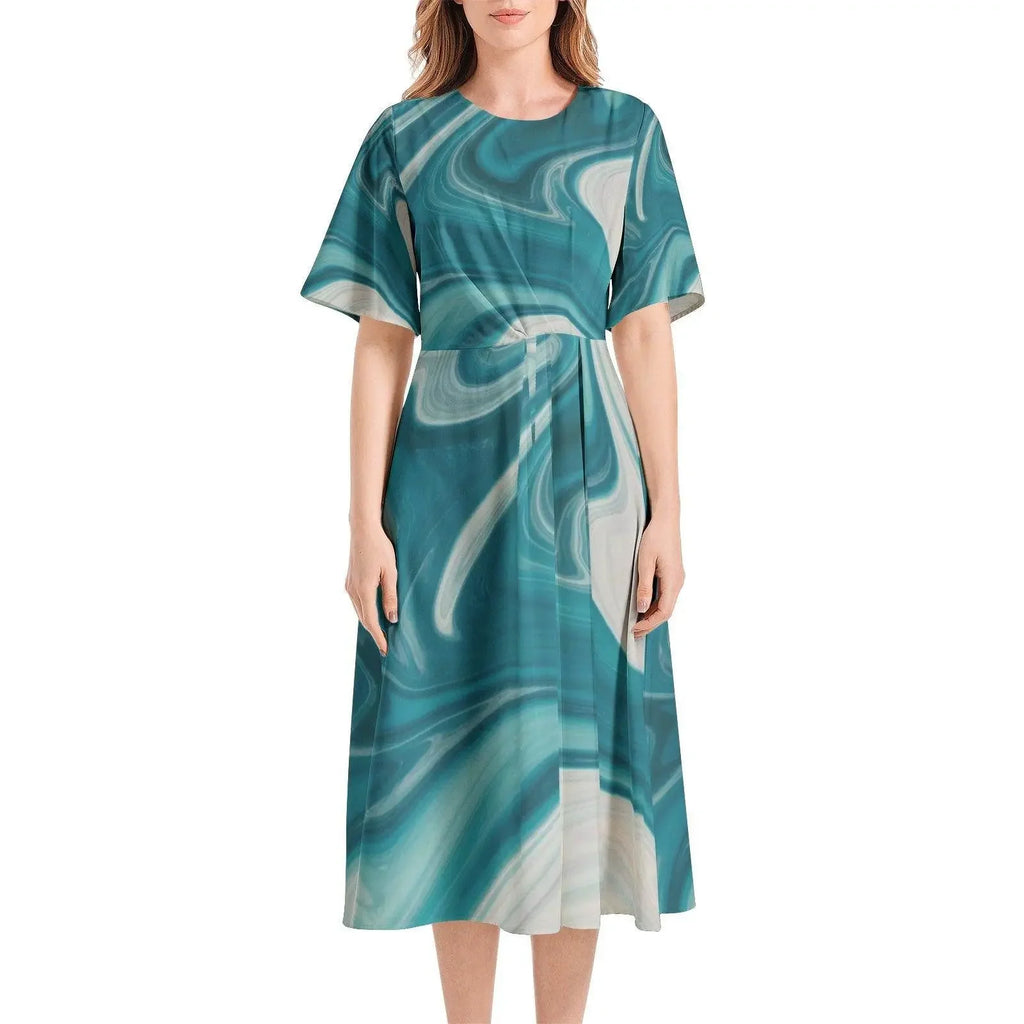 Women's teal marble print midi dress with short sleeves and waist folding, Ivorynn fashion