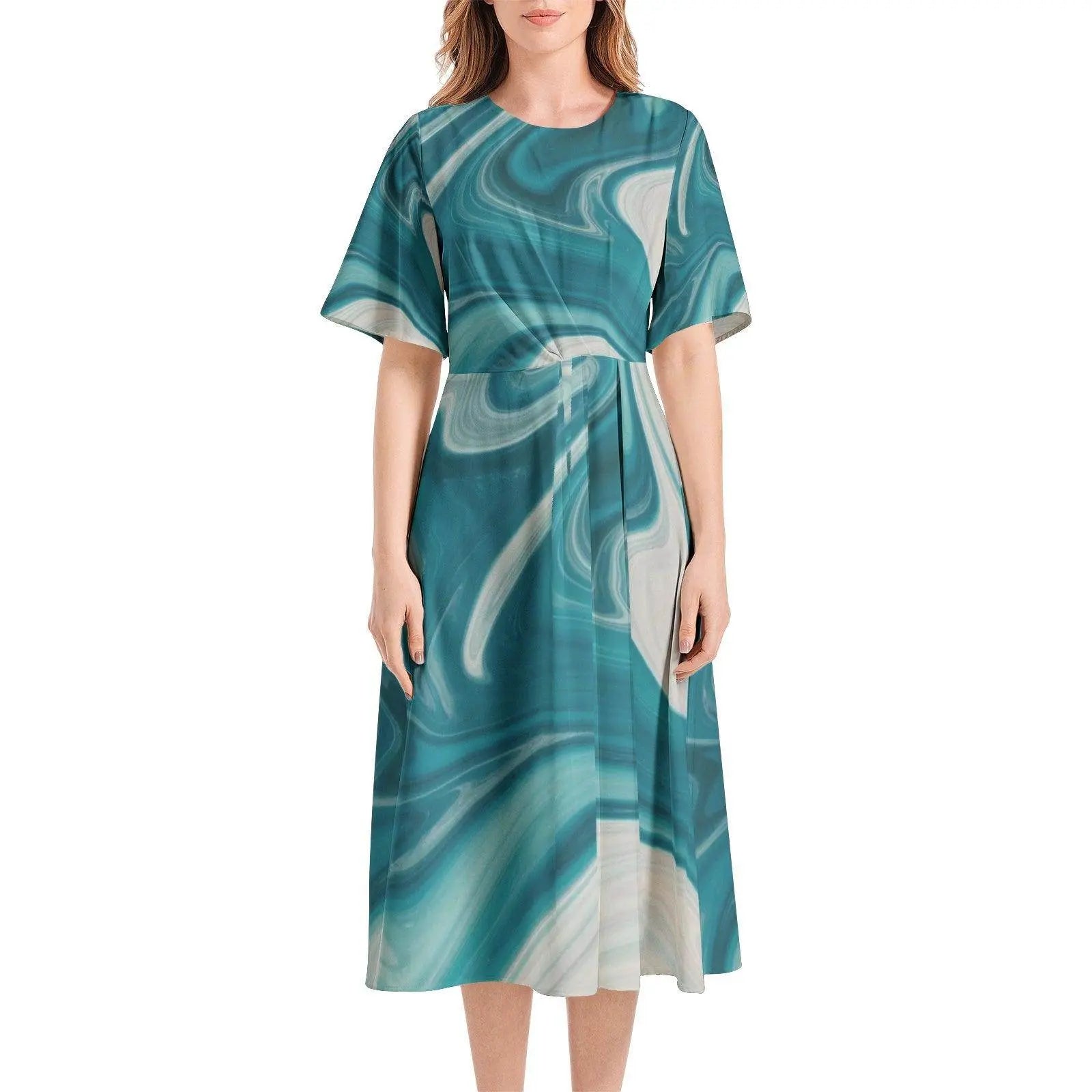 Short Sleeve Waist Folding Midi Dress - IVORYNN