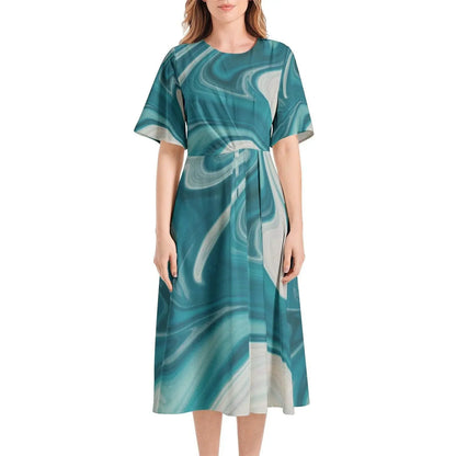 Women's teal marble print midi dress with short sleeves and waist folding, Ivorynn fashion