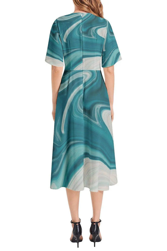 Short Sleeve Waist Folding Midi Dress - IVORYNN