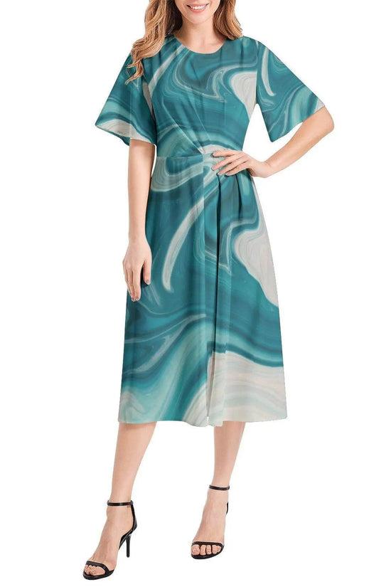 Short Sleeve Waist Folding Midi Dress - IVORYNN