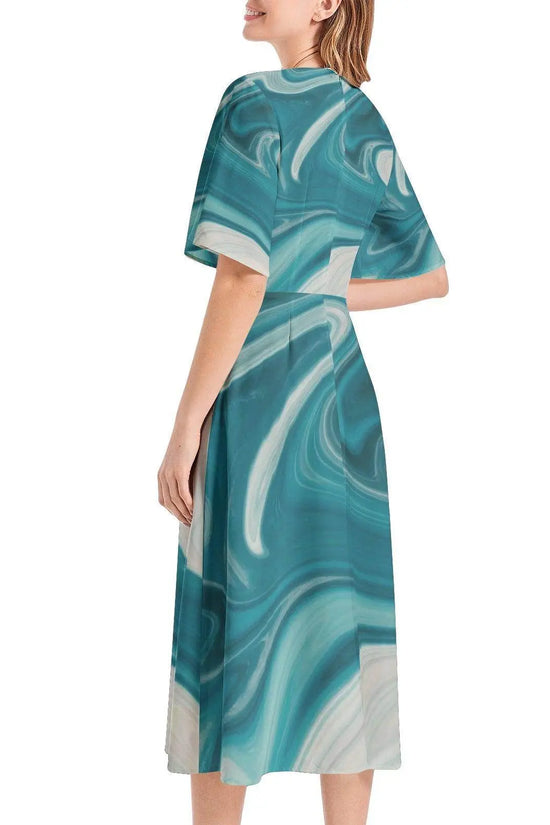 Short Sleeve Waist Folding Midi Dress - IVORYNN