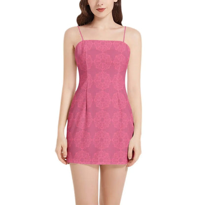 Woman wearing pink sleeveless spaghetti strap mini dress with floral pattern, Ivorynn fashion