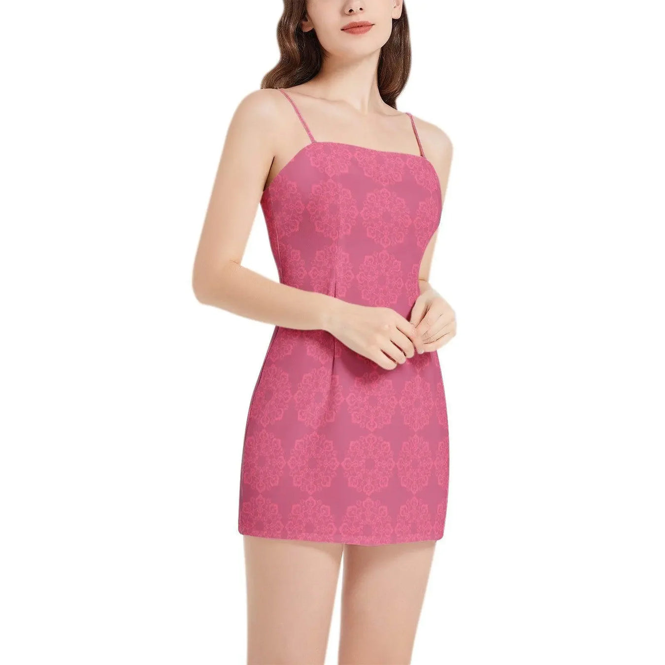 Woman wearing a pink sleeveless spaghetti strap mini dress with floral pattern, Ivorynn fashion