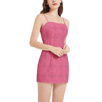 Woman wearing a pink sleeveless spaghetti strap mini dress with floral pattern, Ivorynn fashion
