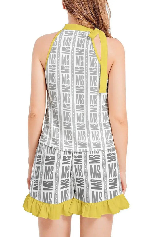 Tie Neck Halter Top and Ruffle Hem Short Set - IVORYNN