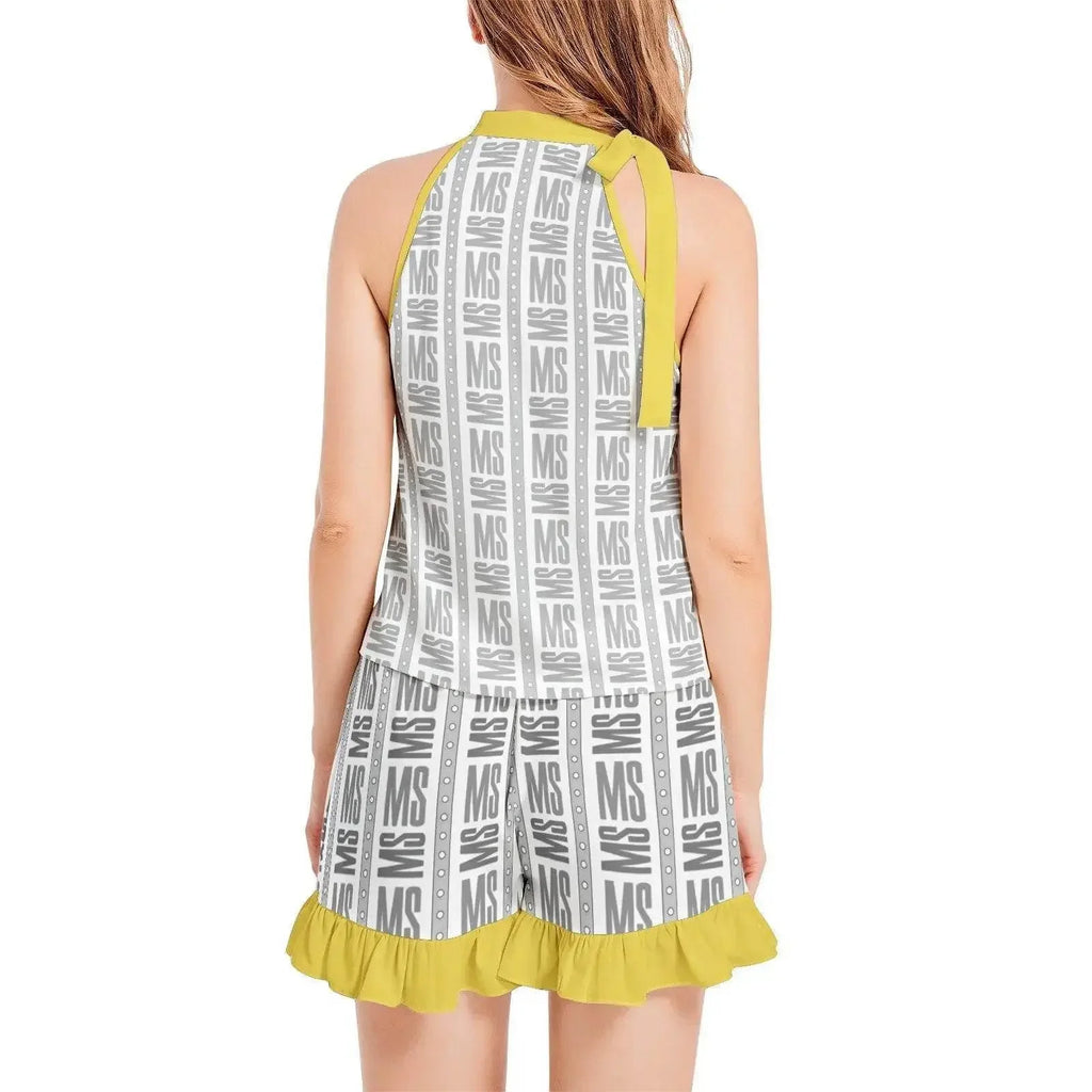 Tie Neck Halter Top and Ruffle Hem Short Set - IVORYNN