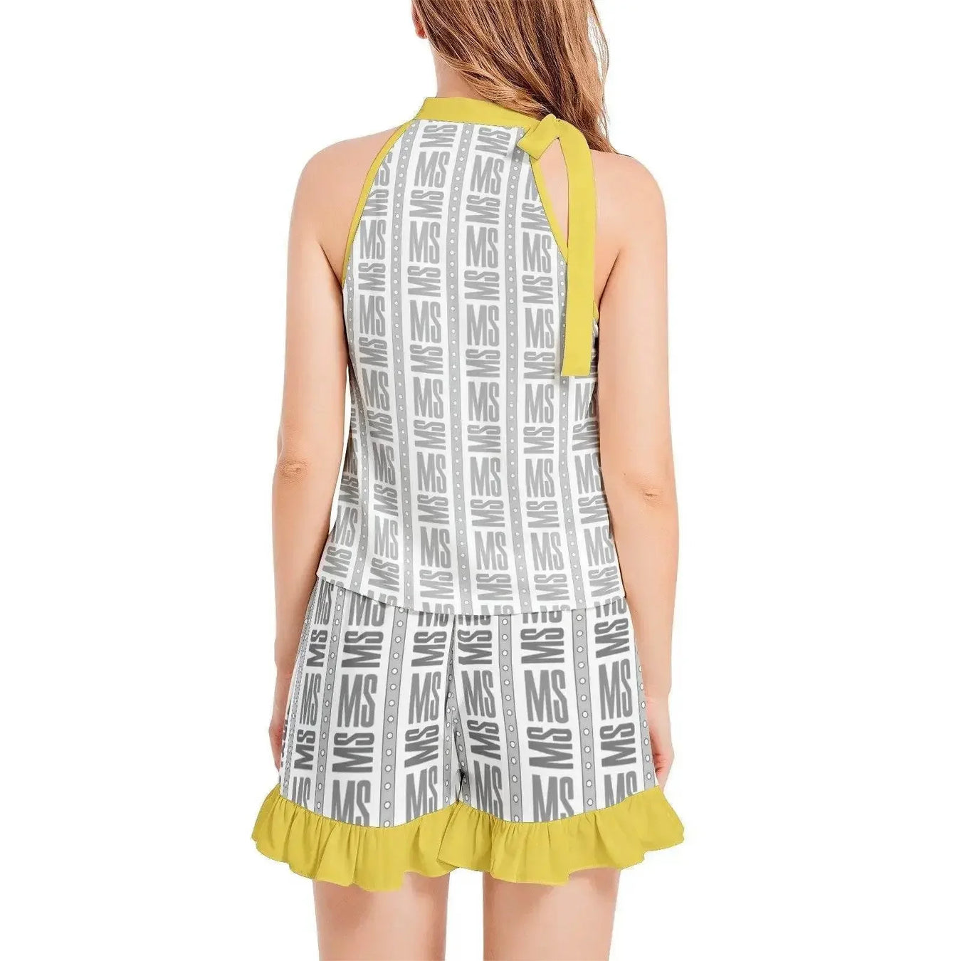 Tie Neck Halter Top and Ruffle Hem Short Set - IVORYNN