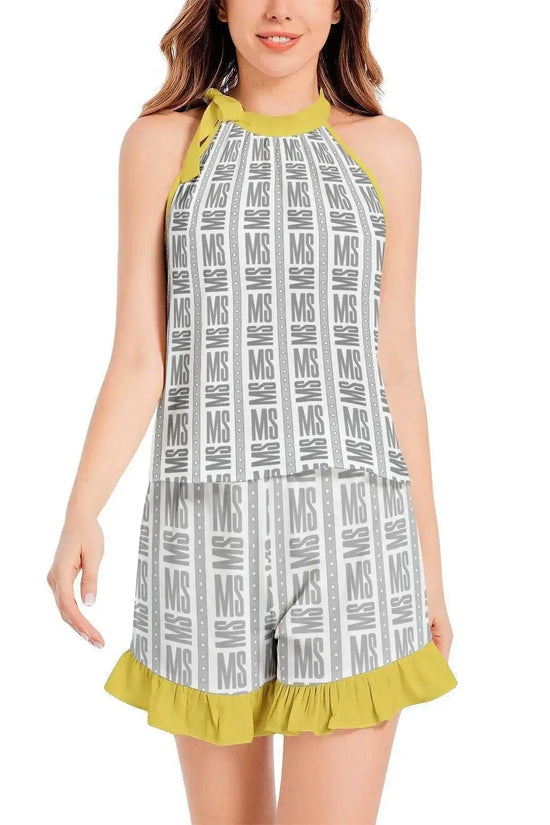 Tie Neck Halter Top and Ruffle Hem Short Set - IVORYNN