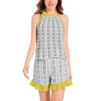 Tie Neck Halter Top and Ruffle Hem Short Set - IVORYNN