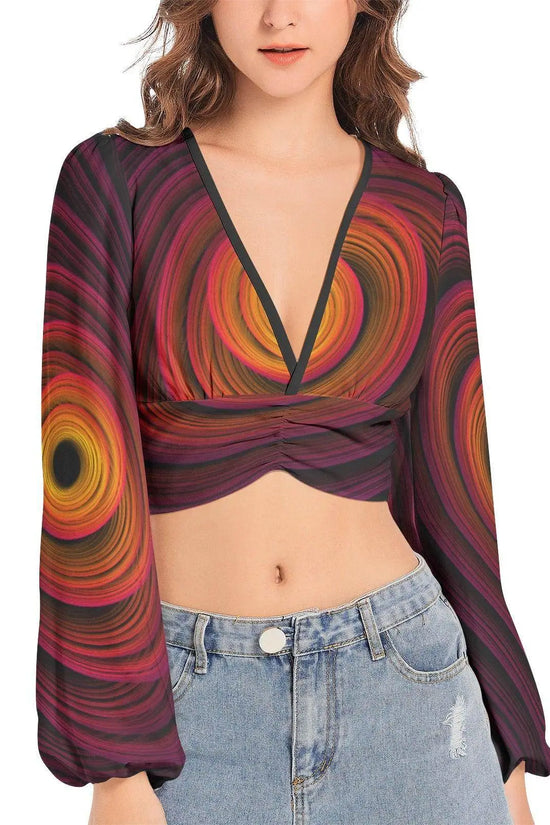 Women's Deep V-Neck Sleeve Crop Top - Fire - IVORYNN