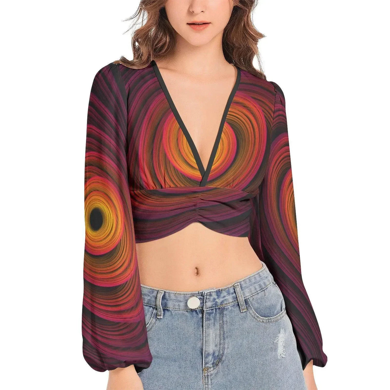 Women's Deep V-Neck Sleeve Crop Top - Fire - IVORYNN