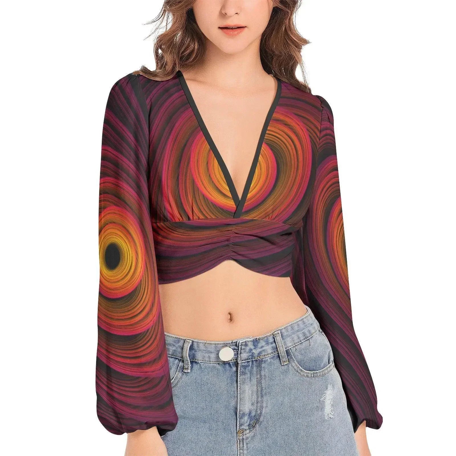 Women's Deep V-Neck Sleeve Crop Top - Fire - IVORYNN