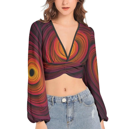 Women's Deep V-Neck Sleeve Crop Top - Fire - IVORYNN