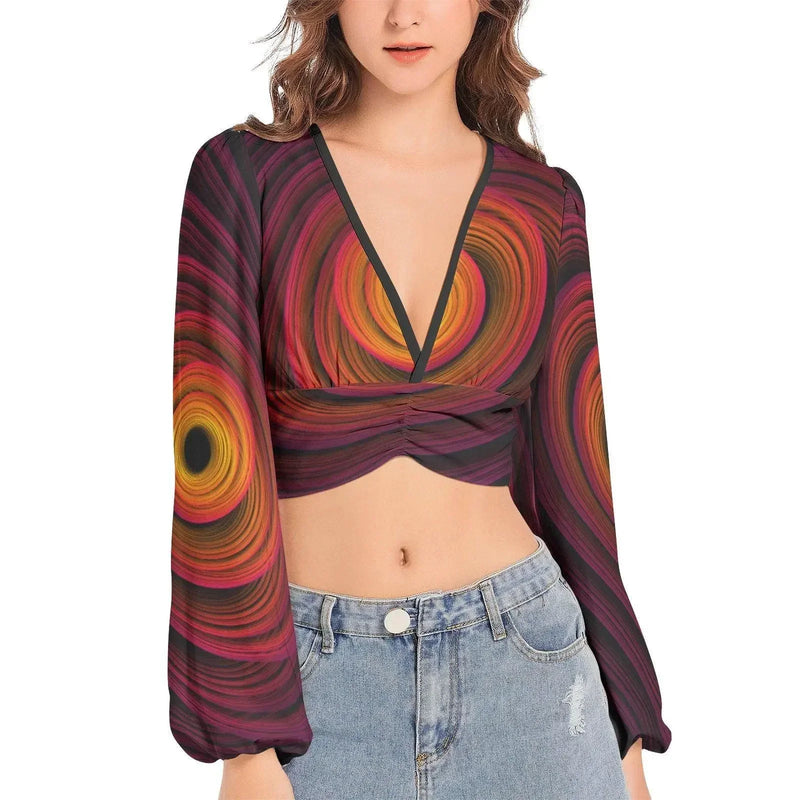 Women's Deep V-Neck Sleeve Crop Top - Fire - IVORYNN