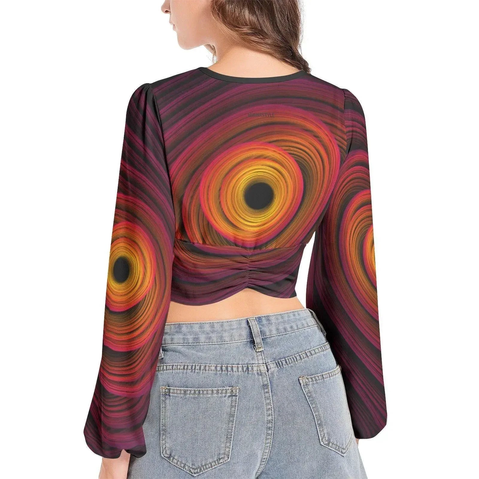 Women's Deep V-Neck Sleeve Crop Top - Fire - IVORYNN