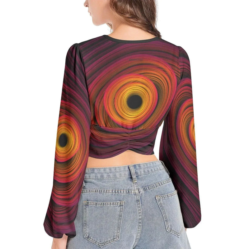 Women's Deep V-Neck Sleeve Crop Top - Fire - IVORYNN