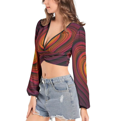 Women's Deep V-Neck Sleeve Crop Top - Fire - IVORYNN