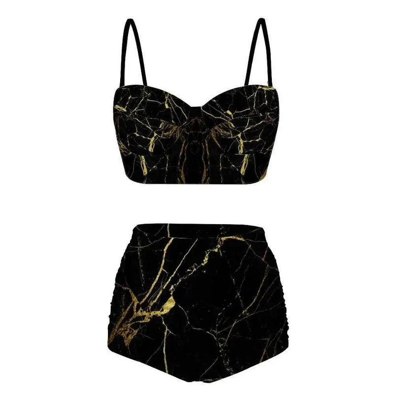 Women's high-waist bikini two-piece swimsuit with black and gold marble print from Ivorynn