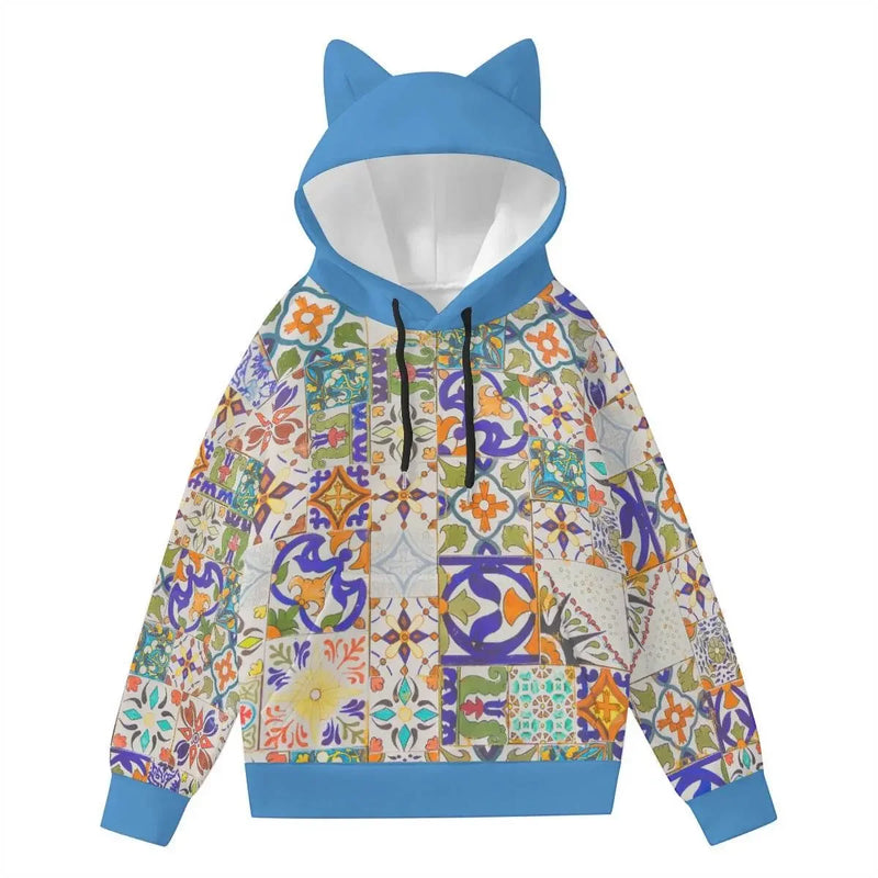 Women's hoodie with blue hood and decorative cat ears, featuring colorful floral tile print.