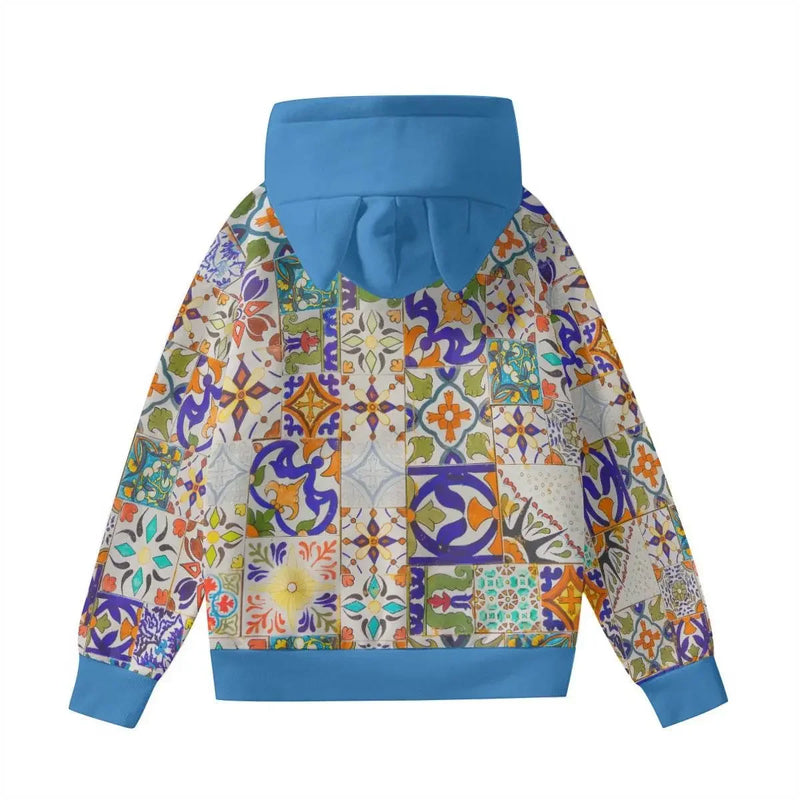 Women's colorful patchwork pattern hoodie with blue accents and decorative ears, Ivorynn fashion