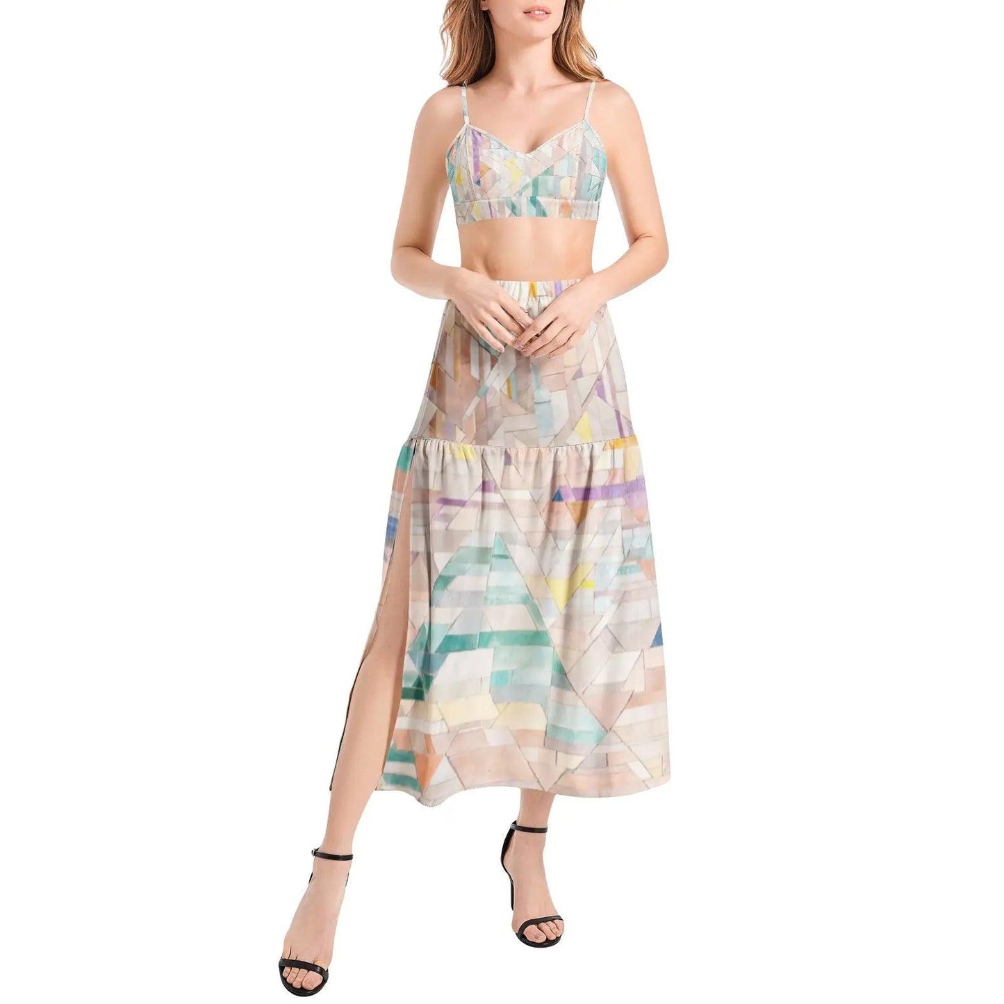 Bralette Top and High Slit Thigh Skirt Set - Colorful - Mishastyle