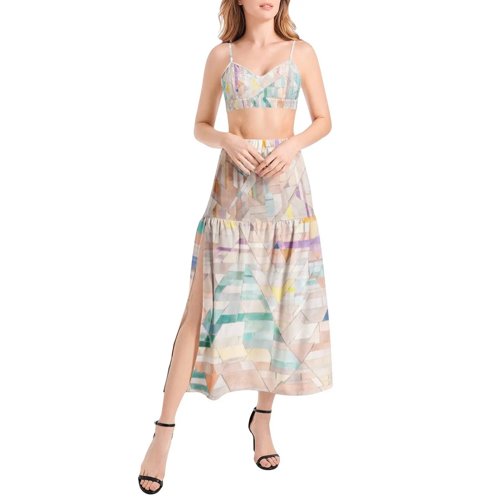Bralette Top and High Slit Thigh Skirt Set - Colorful - Mishastyle