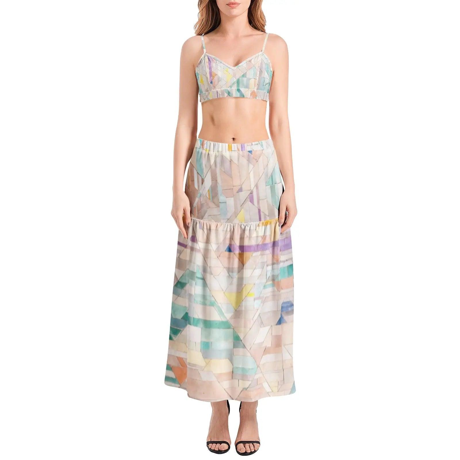 Bralette Top and High Slit Thigh Skirt Set - Colorful - Mishastyle