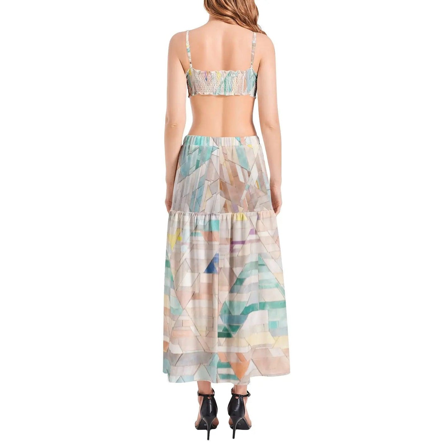 Bralette Top and High Slit Thigh Skirt Set - Colorful - Mishastyle