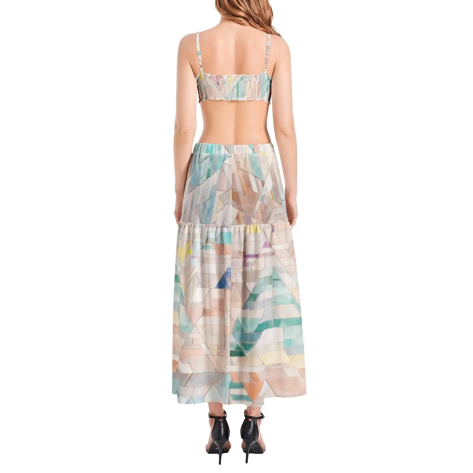 Bralette Top and High Slit Thigh Skirt Set - Colorful - Mishastyle
