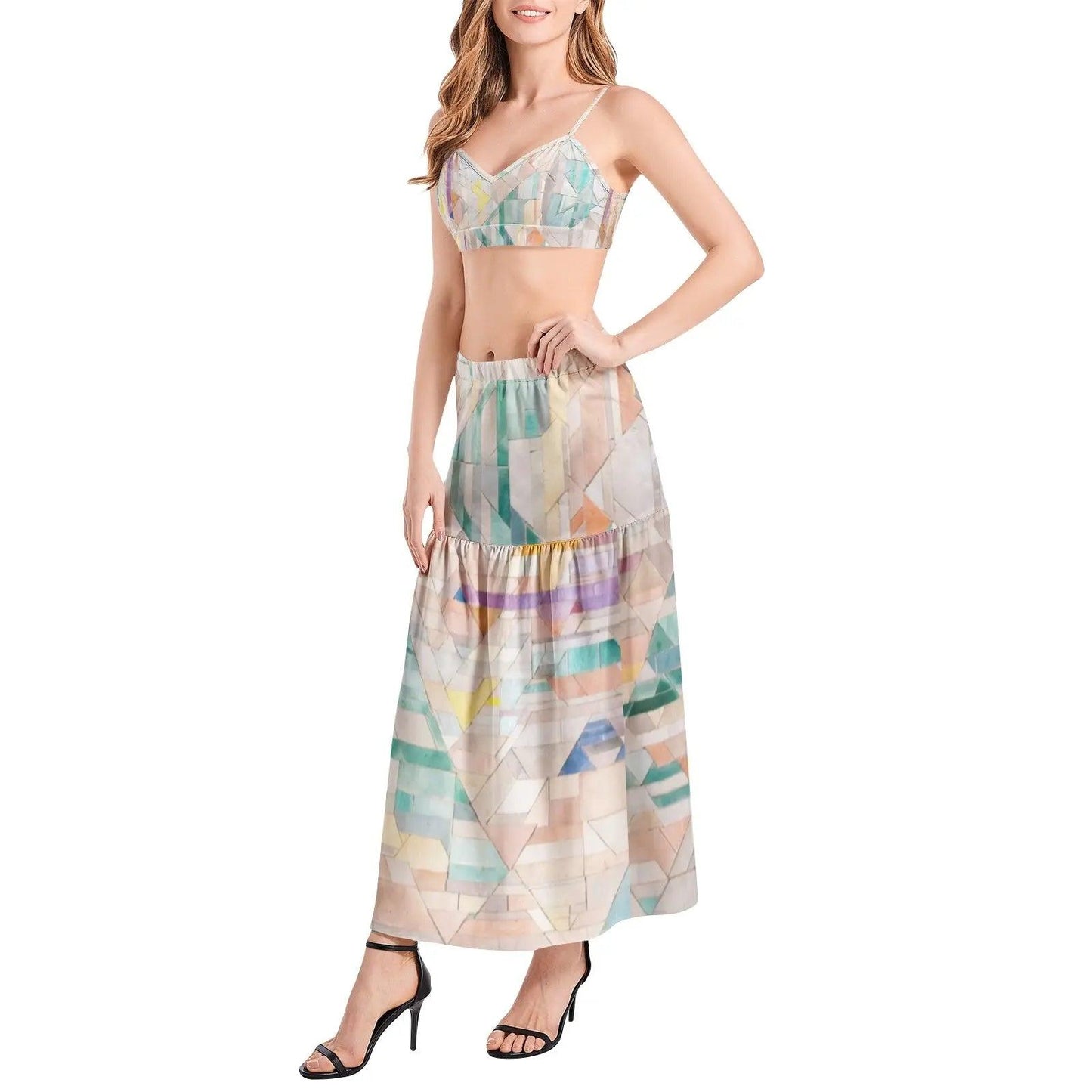 Bralette Top and High Slit Thigh Skirt Set - Colorful - Mishastyle
