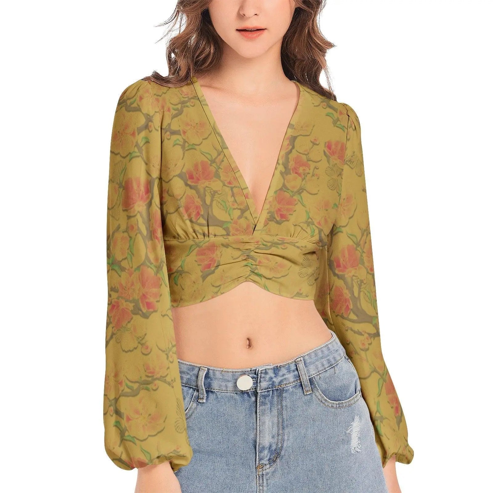 Misha Vintage Deep V-Neck Lantern Sleeve Crop Top - Mishastyle