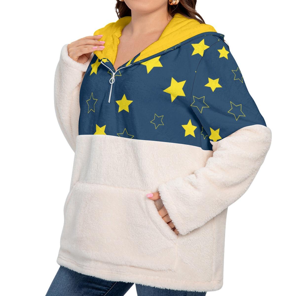 Plus Size Borg Fleece Hoodie With Half Zip - Navy Stars - Mishastyle