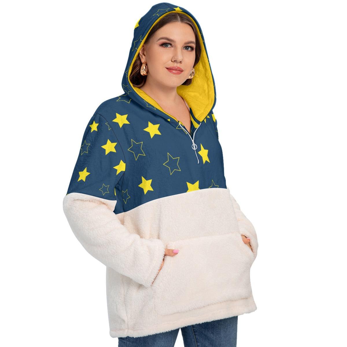 Plus Size Borg Fleece Hoodie With Half Zip - Navy Stars - Mishastyle