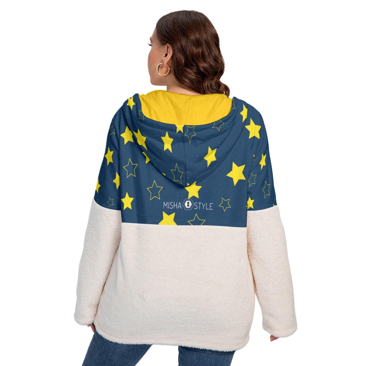 Plus Size Borg Fleece Hoodie With Half Zip - Navy Stars - Mishastyle