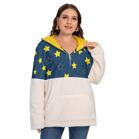 Plus Size Borg Fleece Hoodie With Half Zip - Navy Stars - Mishastyle